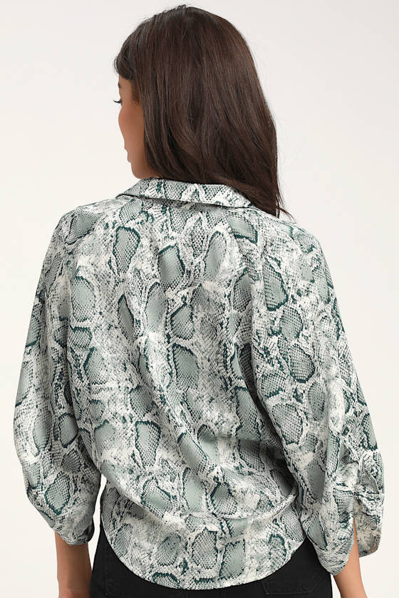 Delight Green Snake Print Satin Tie-Front Top 4