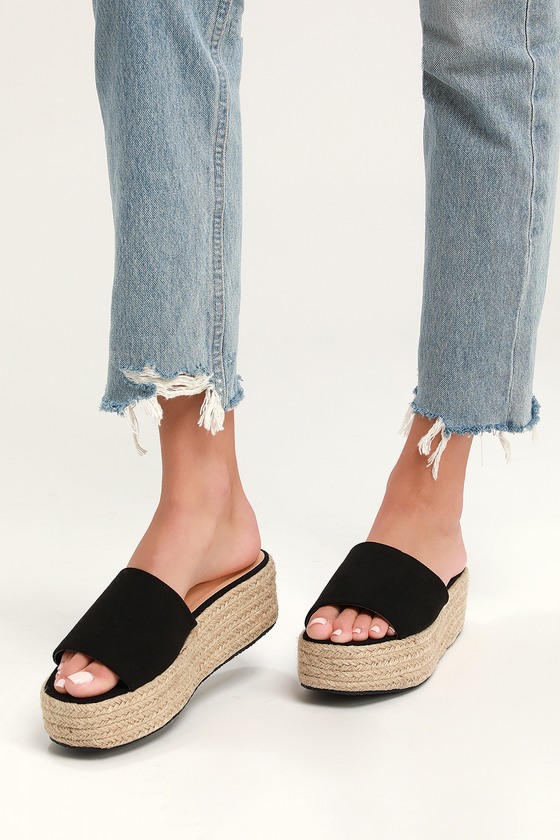 Cute Black Espadrille Slides - Black 