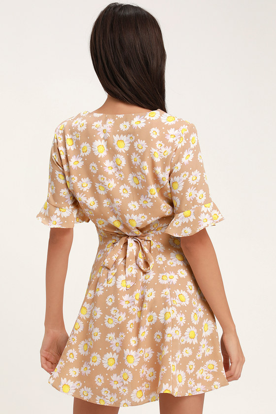 Cute Nude Floral Print Dress - Button-Up Dress - Mini Dress