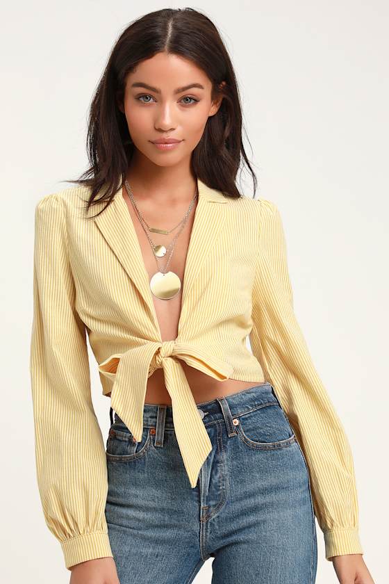 Daisy Light Yellow Striped Tie-Front Crop Top 3