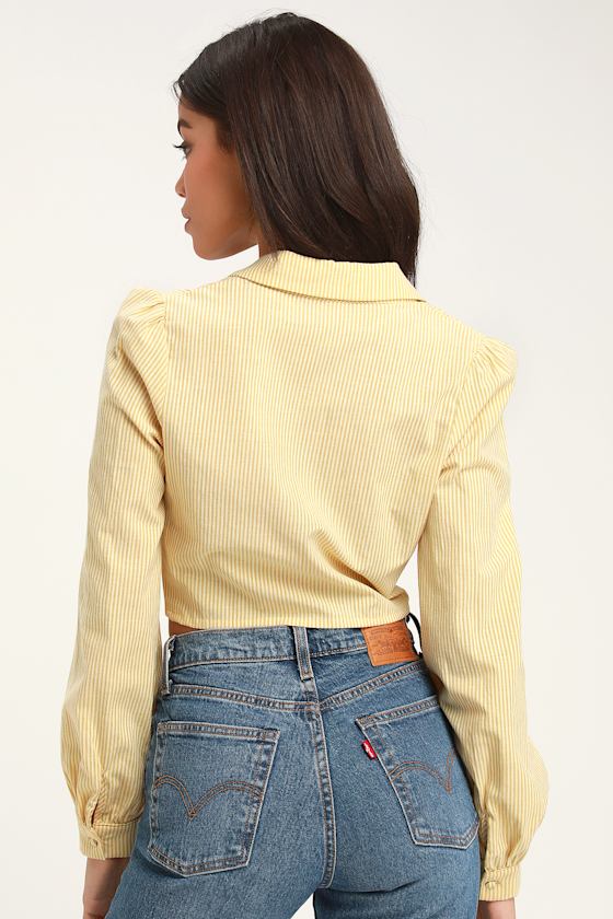 Daisy Light Yellow Striped Tie-Front Crop Top 5