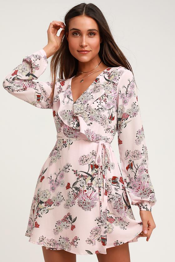 Pink Floral Print Dress - Long Sleeve Dress - Floral Wrap Dress - Lulus