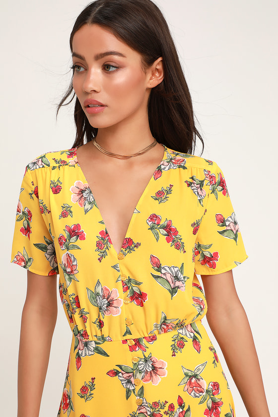 Yellow Floral Print Dress - Button-Front Dress - Midi Dress