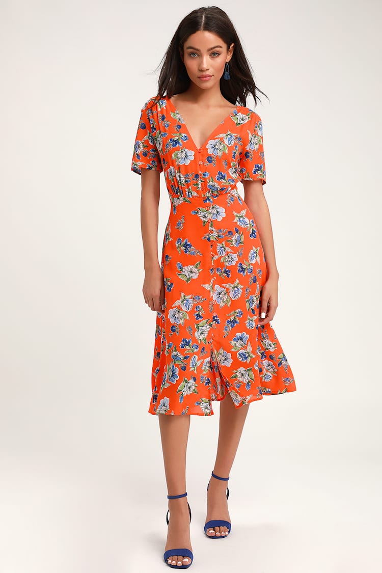 lulus orange floral dress Lulus | Orange Floral Mesh Ruched Bodycon Midi Dress | Womens | Small (Available in XXS, XS, M)