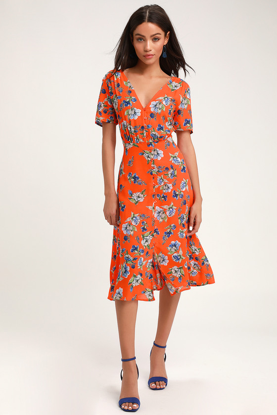 Orange Floral Print Dress - Button-Front Dress - Midi Dress - Lulus