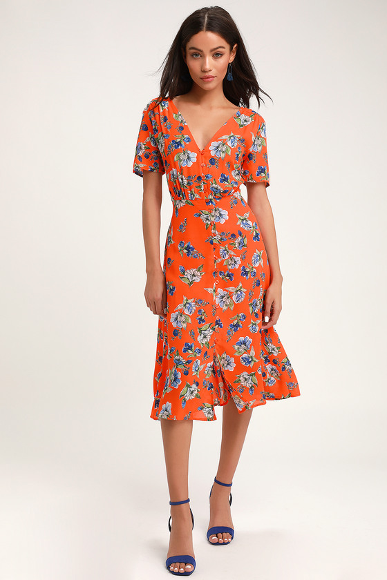 Orange Floral Print Dress ButtonFront Dress Midi Dress Lulus