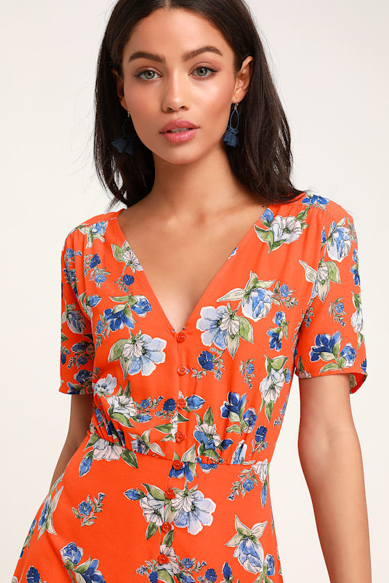 Windows Down Orange Floral Print Button-Front Midi Dress 1