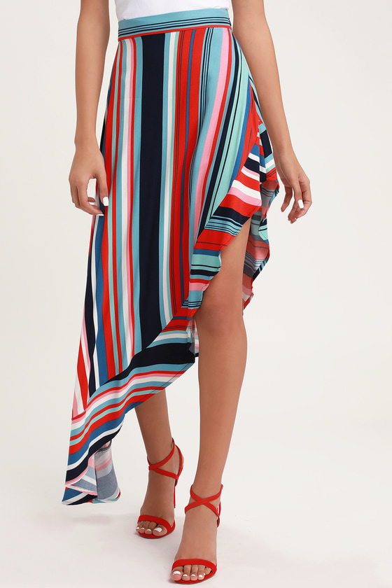 Cute Red and Blue Skirt - Striped Maxi Skirt - Asymmetrical Skirt - Lulus
