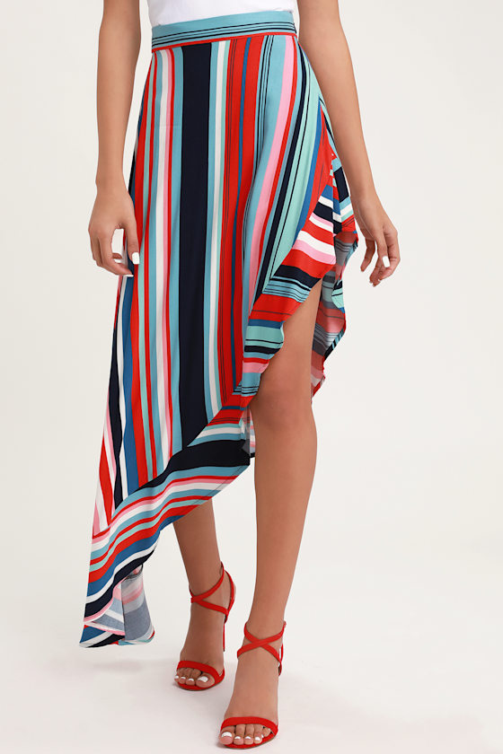 Cute Red and Blue Skirt Striped Maxi Skirt Asymmetrical Skirt Lulus