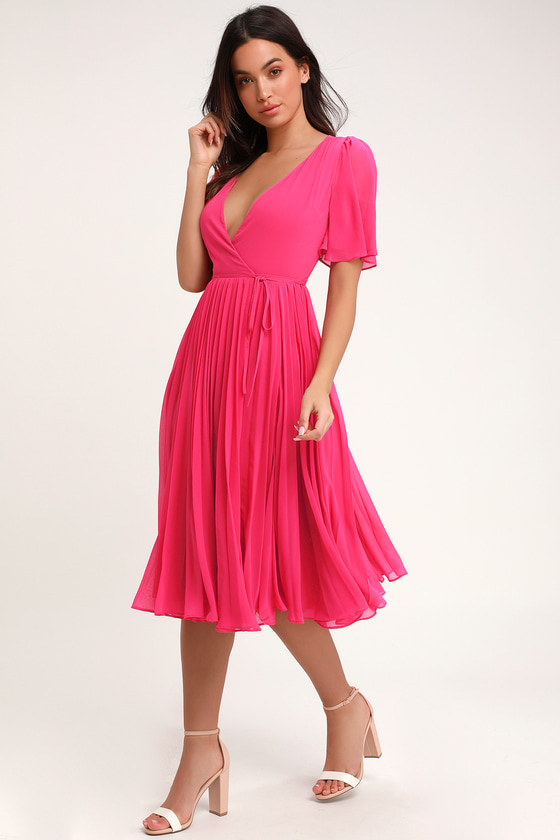 Lovely Pink Pleated Dress - Pleated Midi Dress - Midi Wrap Dress - Lulus