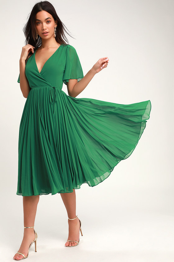 Lovely Green Pleated Dress - Pleated Midi Dress - Midi Wrap Dress - Lulus