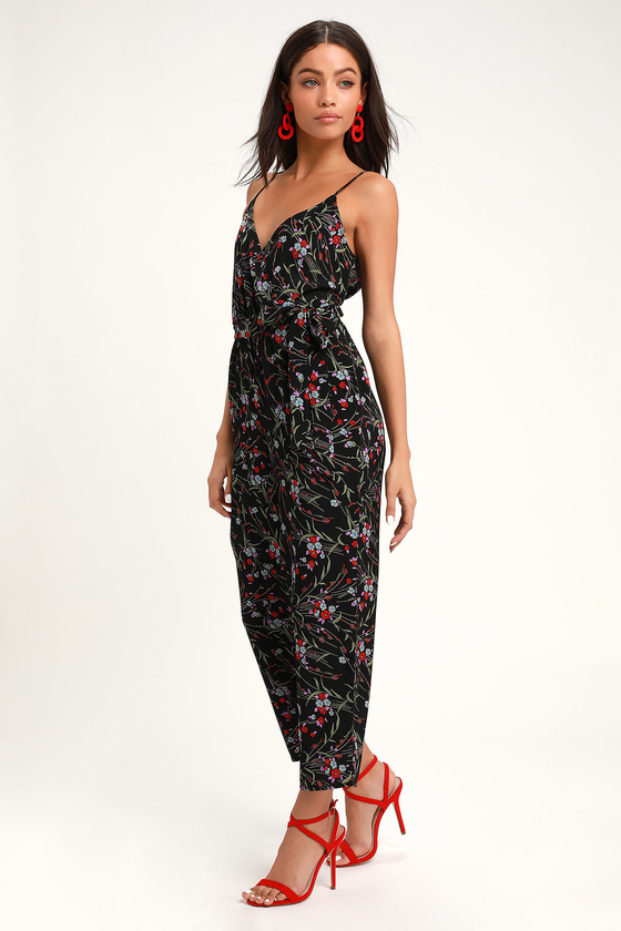 Lovely Black Floral Print Jumpsuit - Surplice Jumpsuit - Jumpsuit - Lulus