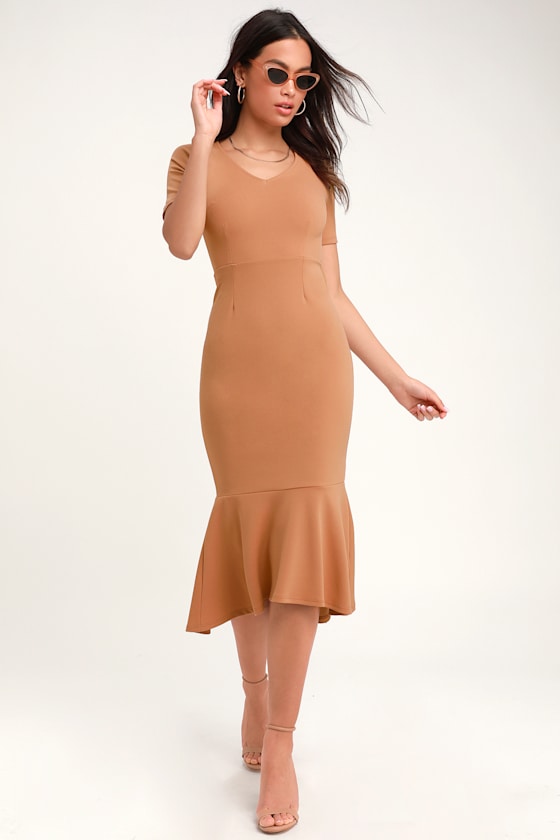 Palermo Nude Short Sleeve Trumpet Hem Bodycon Midi Dress 1
