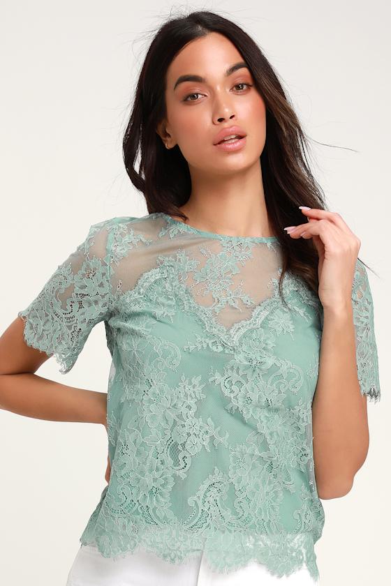 Chic Sage Green Top Lace Top Short Sleeve Top Lulus