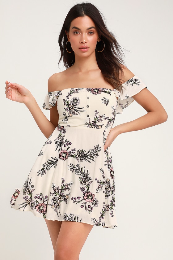 One Sweet Day Cream Floral Print Off-the-Shoulder Dress