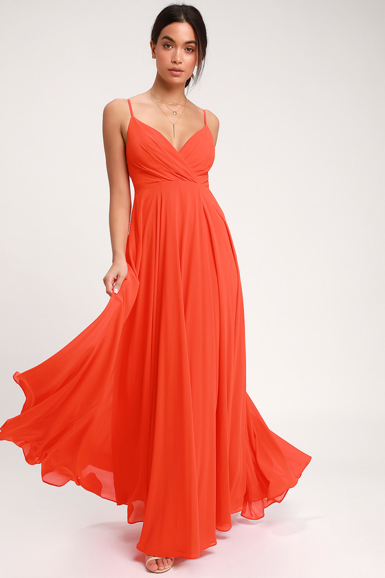 Lovely Coral Red Maxi Dress  Coral Red Surplice Bridesmaid Dress  Lulus