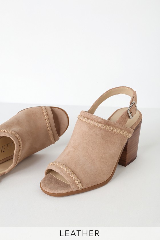 Ceana Tan Suede Leather Slingback Peep Toe Mules