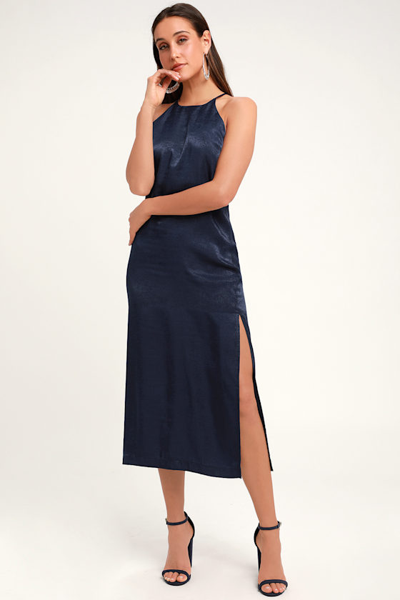 navy blue satin dress midi
