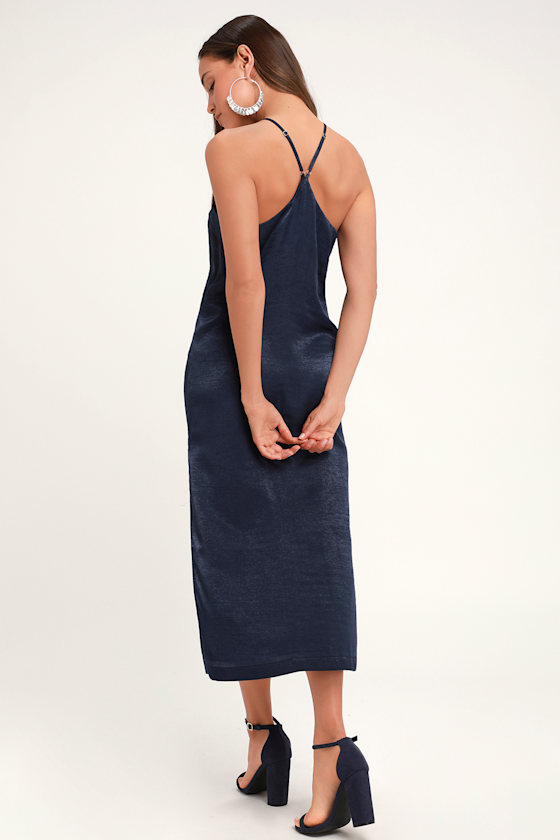 navy blue satin dress midi