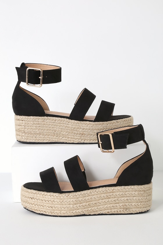 Black Suede Espadrille Platform Sandals - Dual Strap Sandals - Lulus