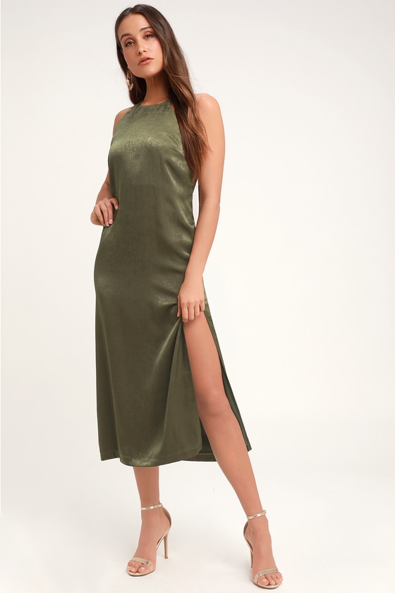 Sleek Olive Green Dress - Satin Dress - Midi Dress - Sheath - Lulus