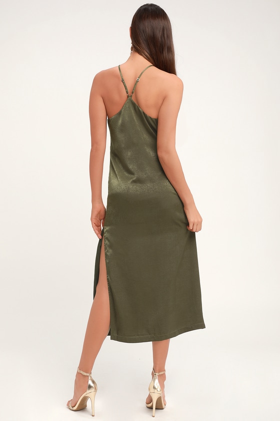 Sleek Olive Green Dress - Satin Dress - Midi Dress - Sheath