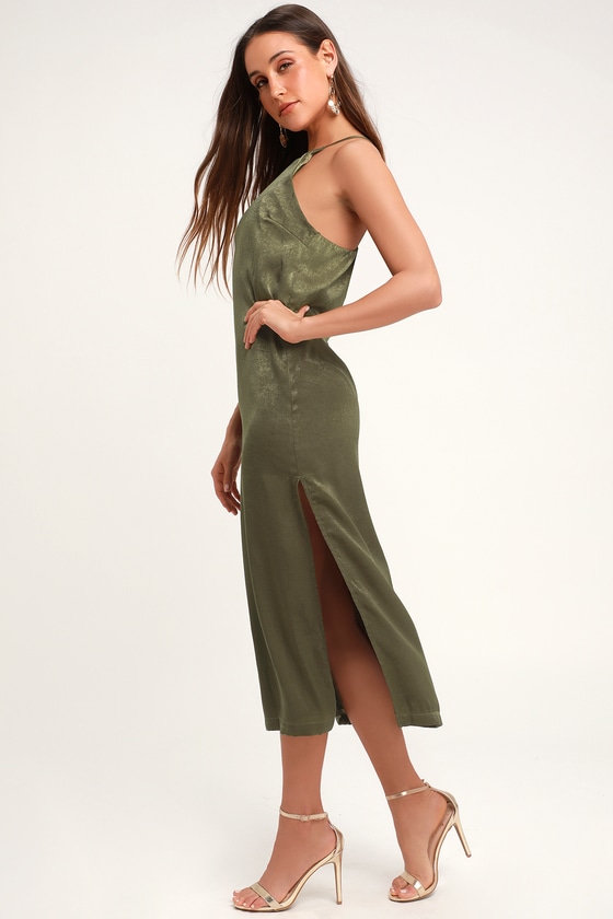 Sleek Olive Green Dress Satin Dress Midi Dress Sheath Lulus