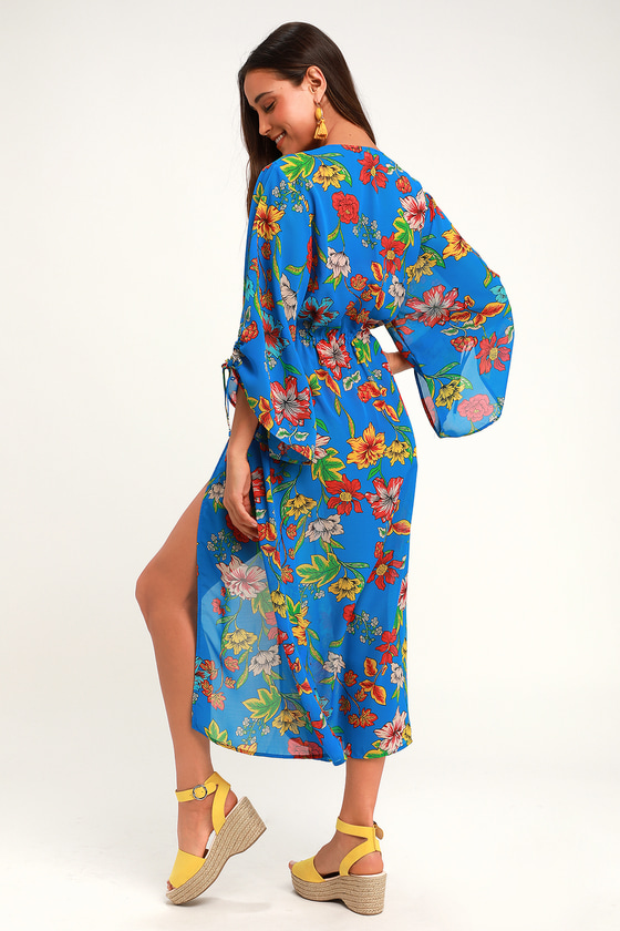 Cute Cobalt Blue Floral Print Swim Cover-Up - Floral Kimono