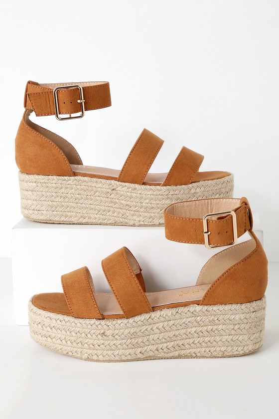 Camel Suede Espadrille Platform Sandals 