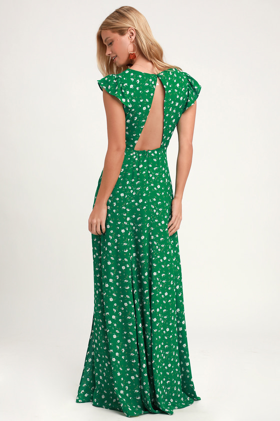 fresh picked mustard yellow floral print backless maxi dress