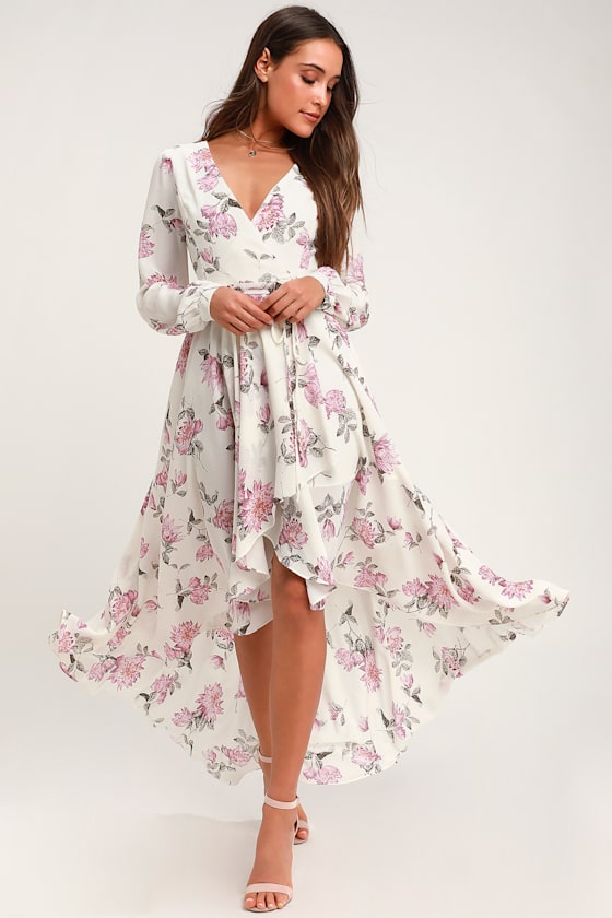 Pretty White Chiffon Maxi Dress - Chiffon Floral Wrap Dress - Lulus