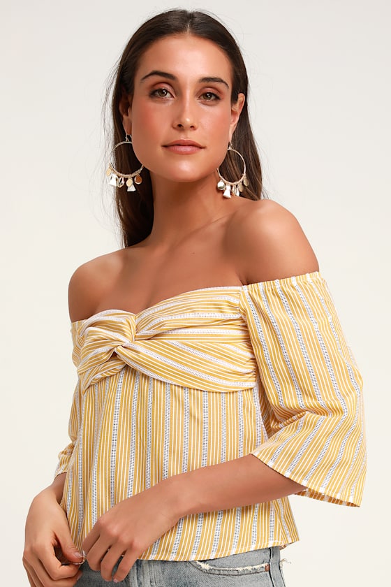 yellow striped off the shoulder top