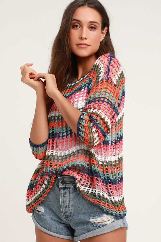 Lovely Crochet Knit Multi-Colored Sweater - Rainbow Stripe Top - Lulus