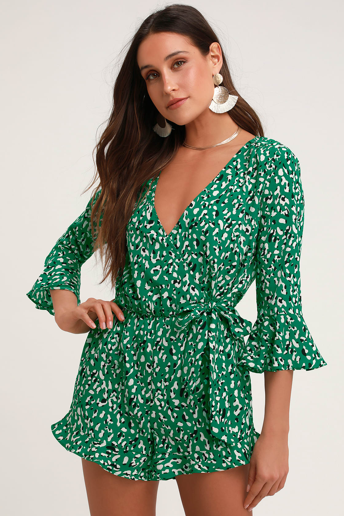 Make Moves Green and Black Print Flounce Sleeve Romper