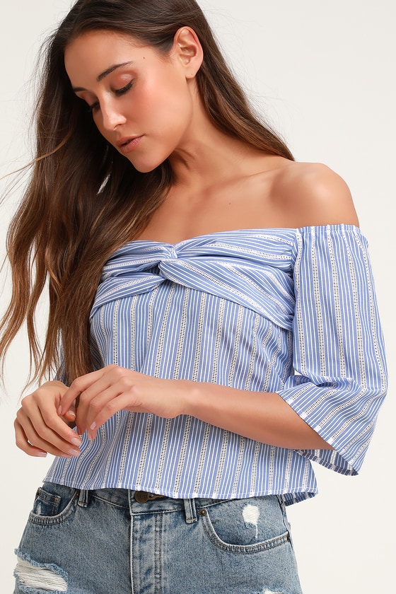 Lovely Blue Striped Off-The-Shoulder Top - Knotted Top - OTS Top - Lulus