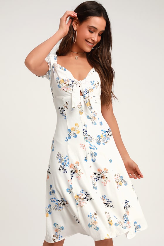 Ida White Floral Print Tie-Front Midi Dress 4