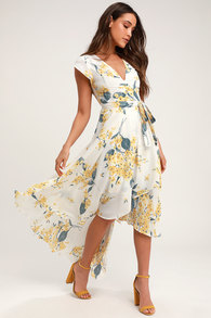 French Countryside White and Yellow Floral Print High-Low Dress