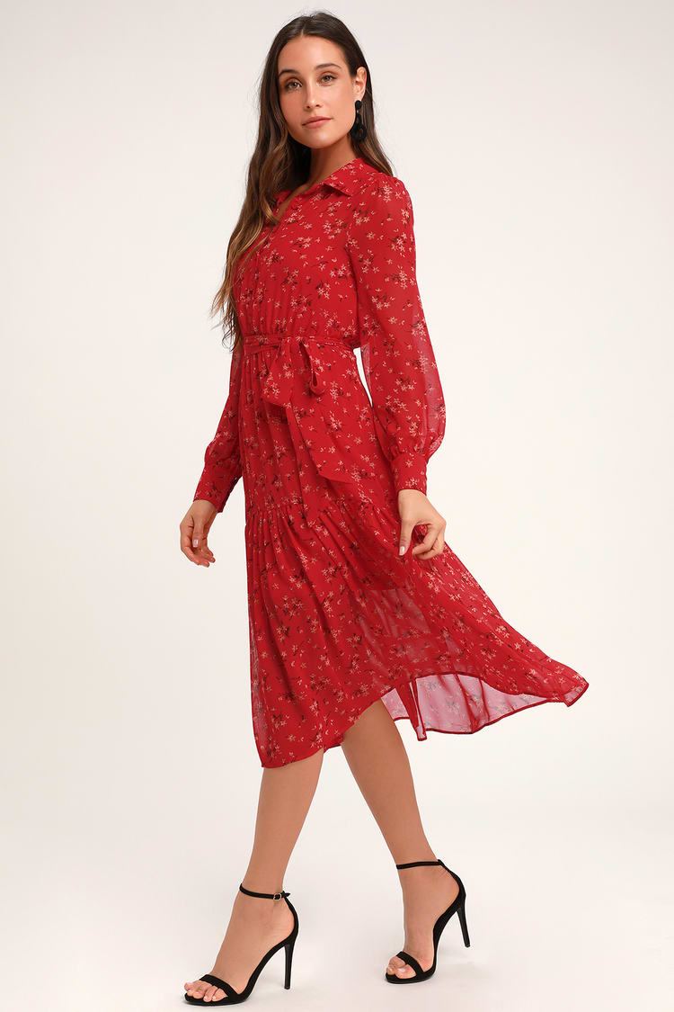 Cute Red Print Dress - Floral Midi - Dress - Lulus