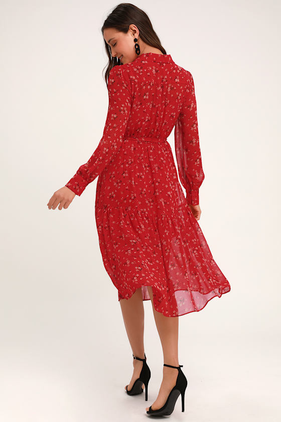Flirt Fest Red Floral Print Long Sleeve Midi Dress 4