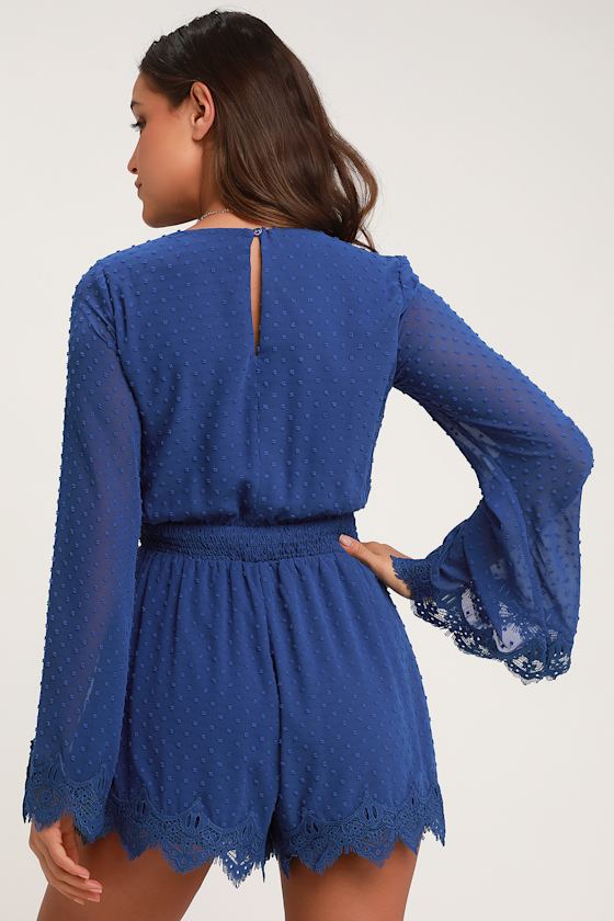 Meadowlake Navy Blue Swiss Dot Lace Bell Sleeve Romper 2