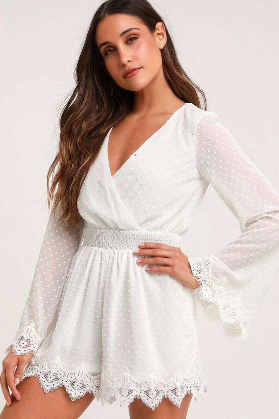 White Romper - Swiss Dot Romper - Lace Romper - Bell Sleeve - Lulus