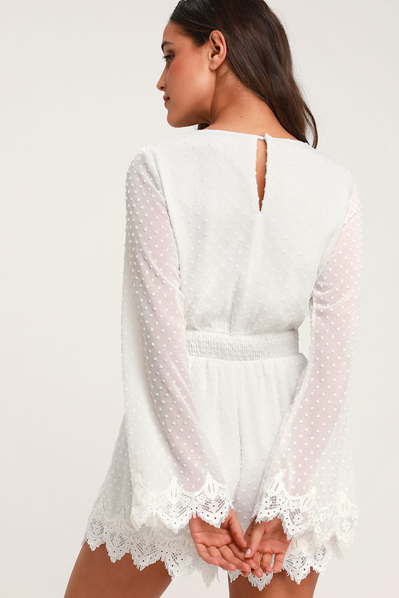 Meadowlake White Swiss Dot Lace Bell Sleeve Romper 2