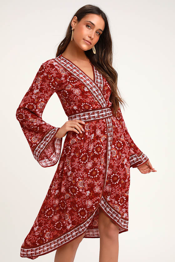 Bell Sleeve Dress - Faux Wrap Dress - Lulus