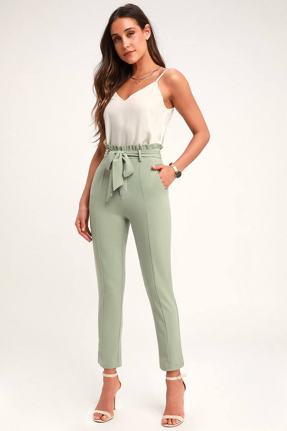 Chic Sage Green Trousers - Paper Bag Waist Pants - Cropped Pants - Lulus