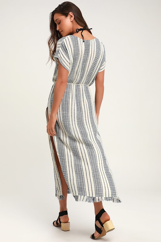 Seaside Stunner Navy Blue and White Striped Kaftan Swim Cover-Up 1
