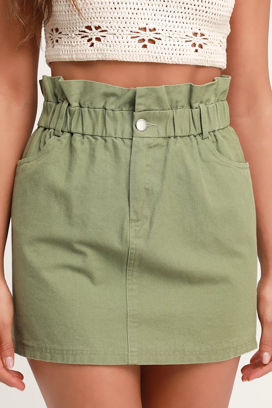 Genie Olive Green Paper Bag Waist Denim Mini Skirt 1