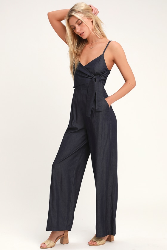 Chic Chambray Jumpsuit - Dark Blue Jumpsuit - Wide Leg Jumpsuit - Lulus