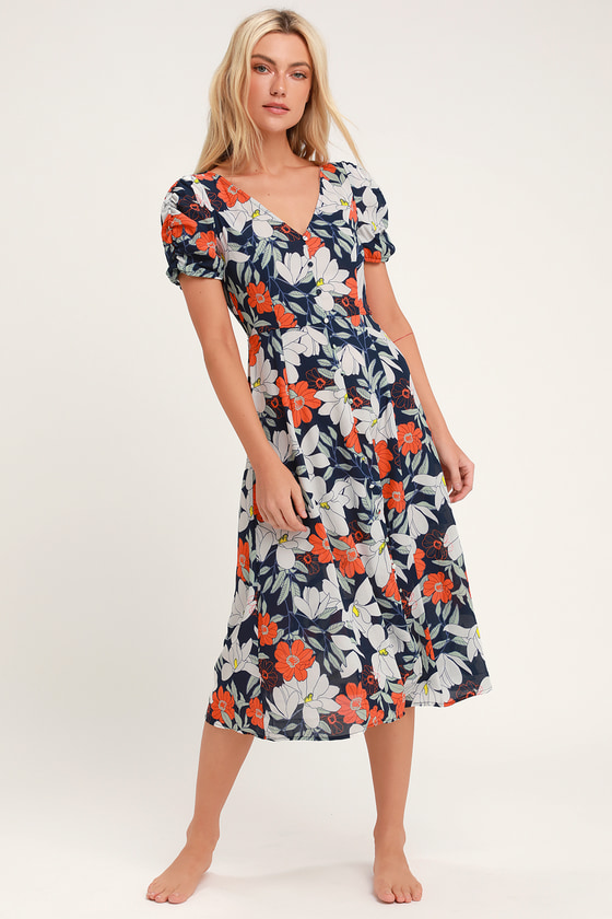 Cute Floral Print Midi Dress - Navy Blue Floral Print Midi Dress - Lulus