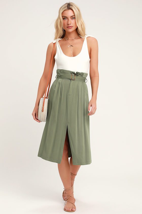 Jillian Olive Green Paper Bag Waist Midi Skirt 1