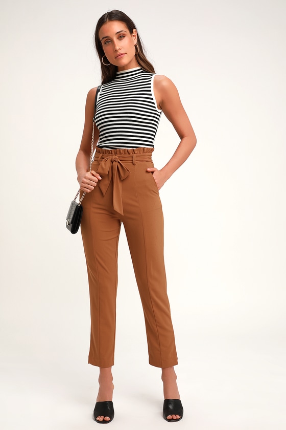 Chic Camel Paper-Bag Waist Pants 